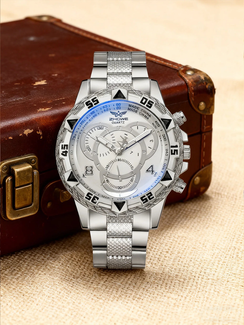 Luxury Large Dial Men's Watch, Stainless Steel Bracelet, Multi-Function Chronograph, Gold/Silver Two Colors, Fashion Quartz Wris