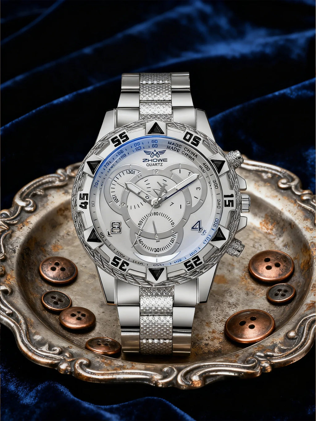 Luxury Large Dial Men's Watch, Stainless Steel Bracelet, Multi-Function Chronograph, Gold/Silver Two Colors, Fashion Quartz Wris
