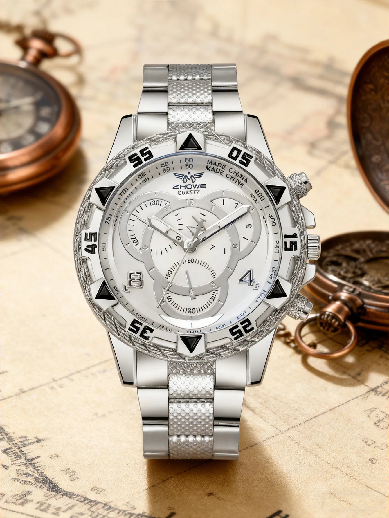 Luxury Large Dial Men's Watch, Stainless Steel Bracelet, Multi-Function Chronograph, Gold/Silver Two Colors, Fashion Quartz Wris
