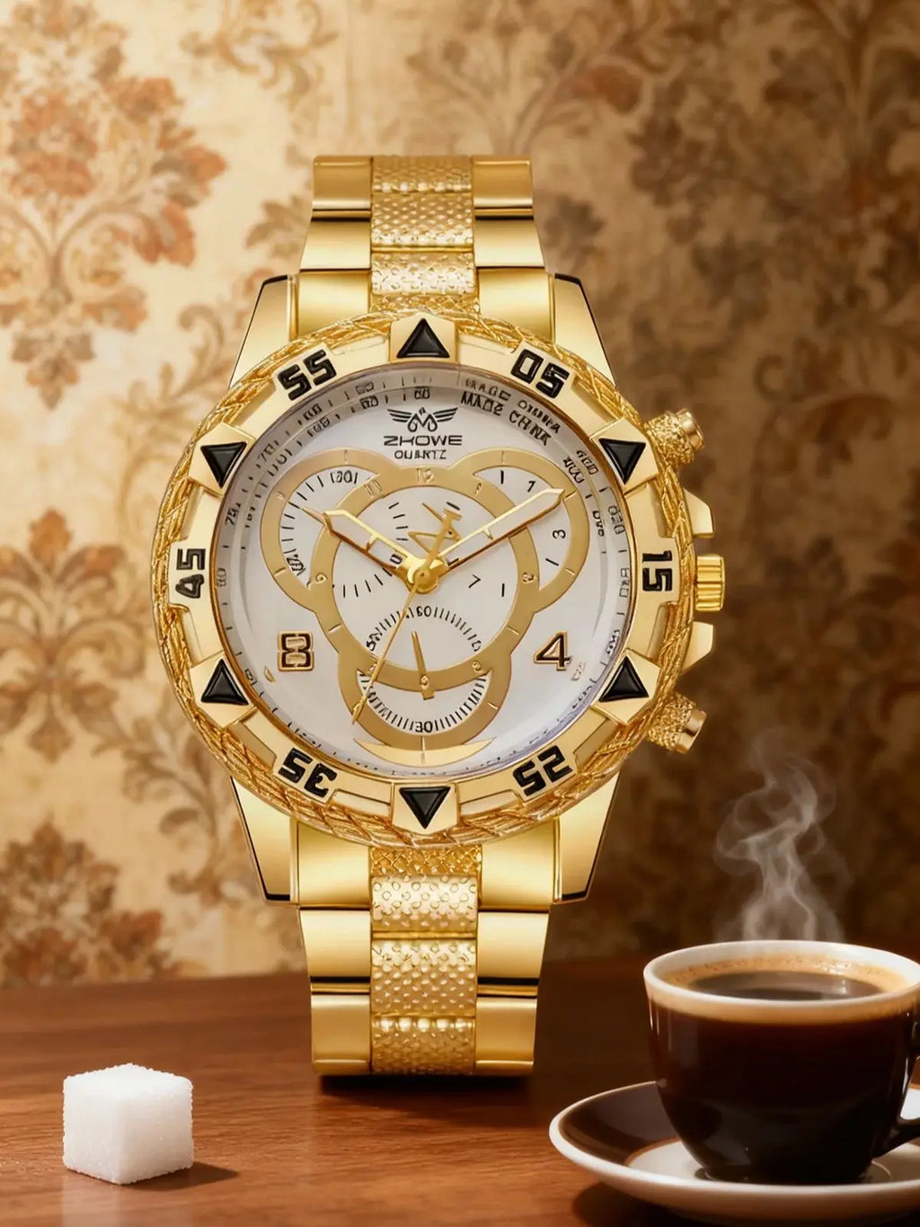 Luxury Large Dial Men's Watch, Stainless Steel Bracelet, Multi-Function Chronograph, Gold/Silver Two Colors, Fashion Quartz Wris