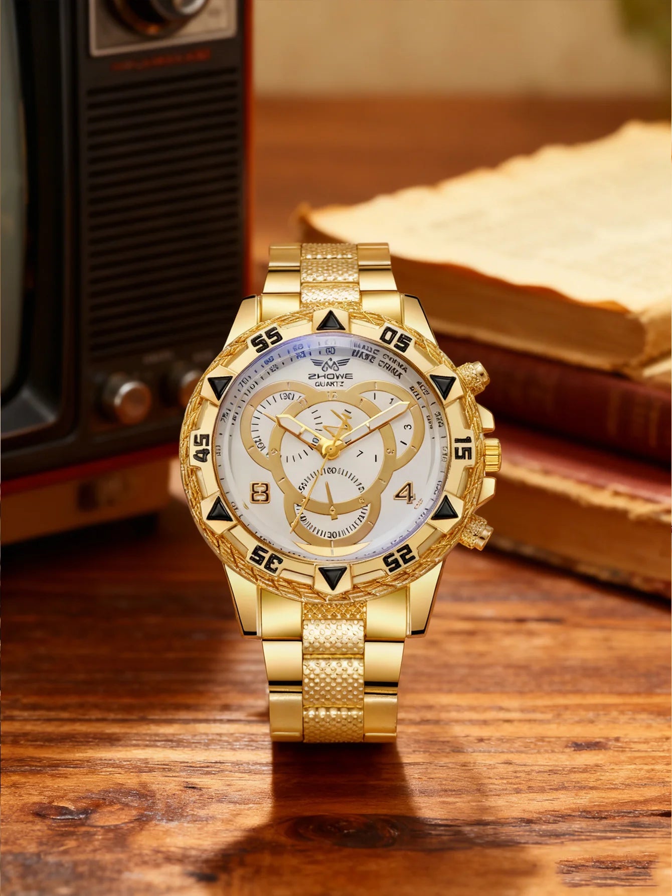 Luxury Large Dial Men's Watch, Stainless Steel Bracelet, Multi-Function Chronograph, Gold/Silver Two Colors, Fashion Quartz Wris