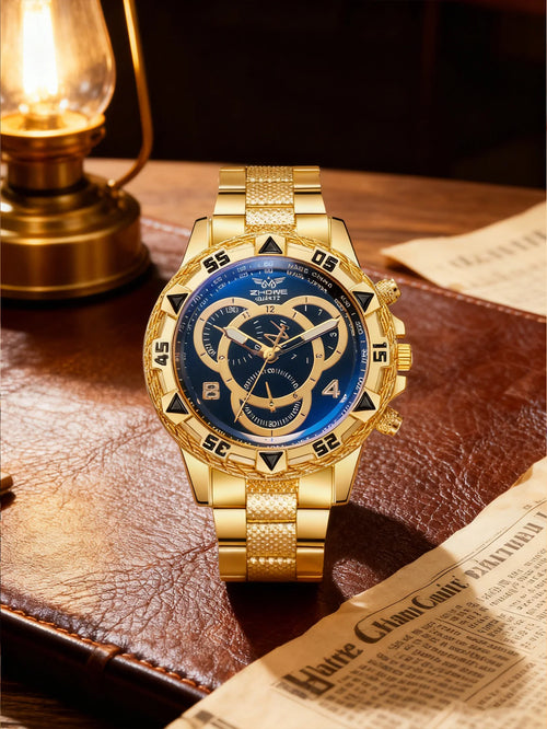 Luxury Large Dial Men's Watch, Stainless Steel Bracelet, Multi-Function Chronograph, Gold/Silver Two Colors, Fashion Quartz Wris